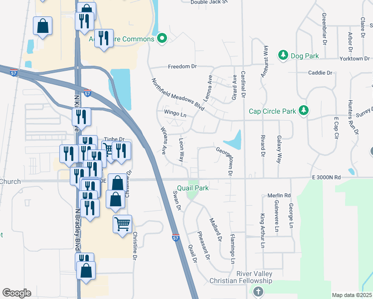 map of restaurants, bars, coffee shops, grocery stores, and more near 1238 Leon Way in Bourbonnais