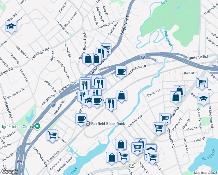 map of restaurants, bars, coffee shops, grocery stores, and more near 511 Commerce Drive in Fairfield