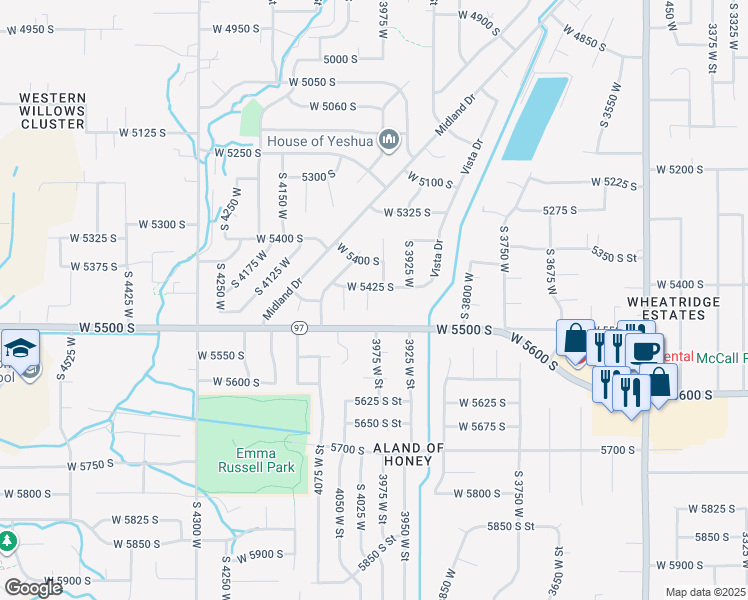 map of restaurants, bars, coffee shops, grocery stores, and more near 5448 South 4025 West in Roy