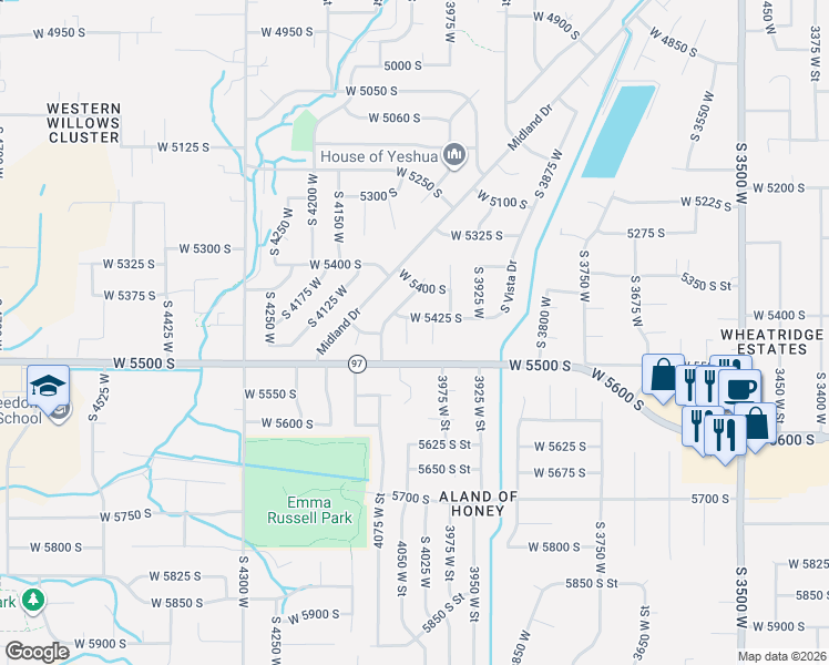 map of restaurants, bars, coffee shops, grocery stores, and more near 5444 South 4050 West in Roy
