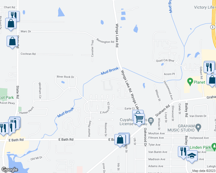 map of restaurants, bars, coffee shops, grocery stores, and more near 300 Pleasant Meadow Boulevard in Cuyahoga Falls