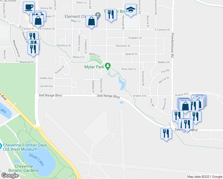 map of restaurants, bars, coffee shops, grocery stores, and more near 708 Dell Range Boulevard in Cheyenne