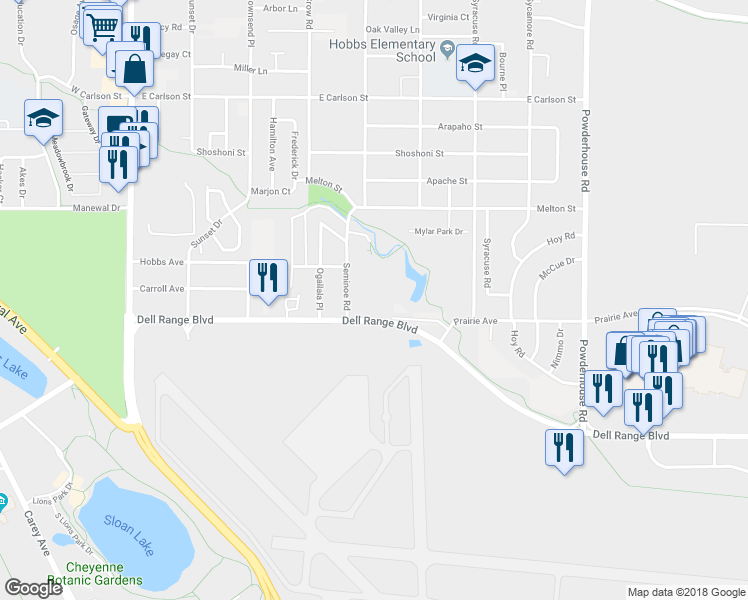 map of restaurants, bars, coffee shops, grocery stores, and more near 708 Dell Range Boulevard in Cheyenne