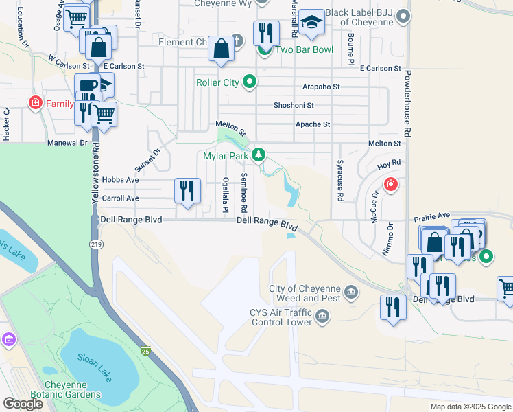map of restaurants, bars, coffee shops, grocery stores, and more near 708 Dell Range Boulevard in Cheyenne