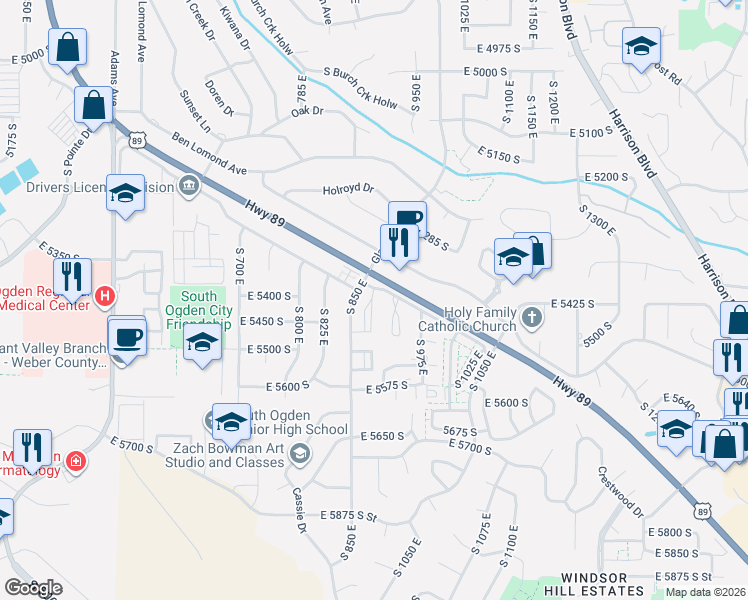 map of restaurants, bars, coffee shops, grocery stores, and more near 865 East 5550 South in Ogden