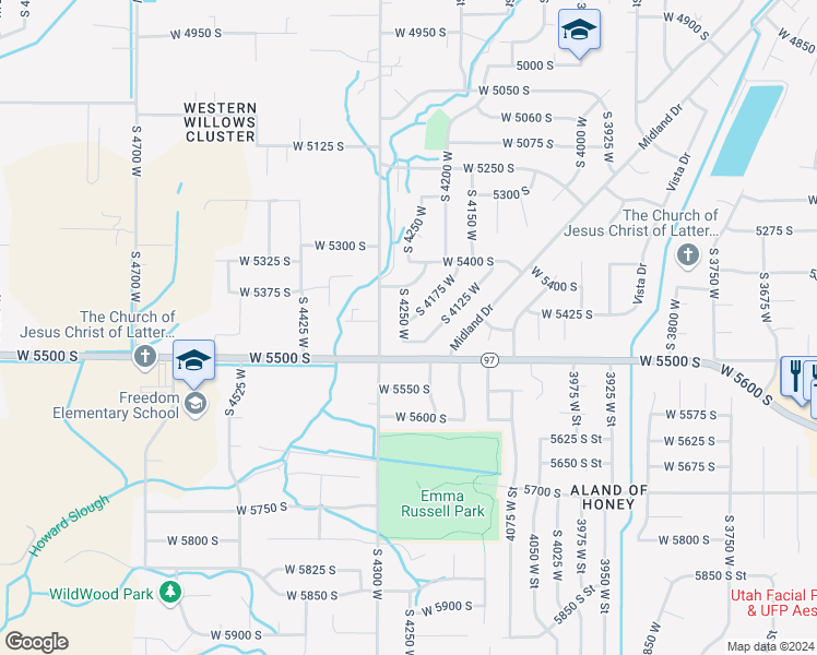 map of restaurants, bars, coffee shops, grocery stores, and more near 5465 South 4250 West in Roy