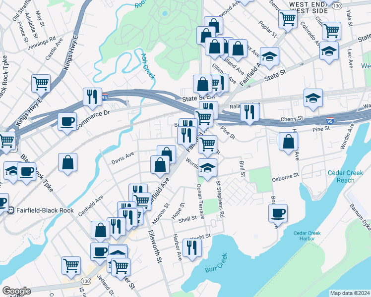 map of restaurants, bars, coffee shops, grocery stores, and more near 2201 Fairfield Avenue in Bridgeport