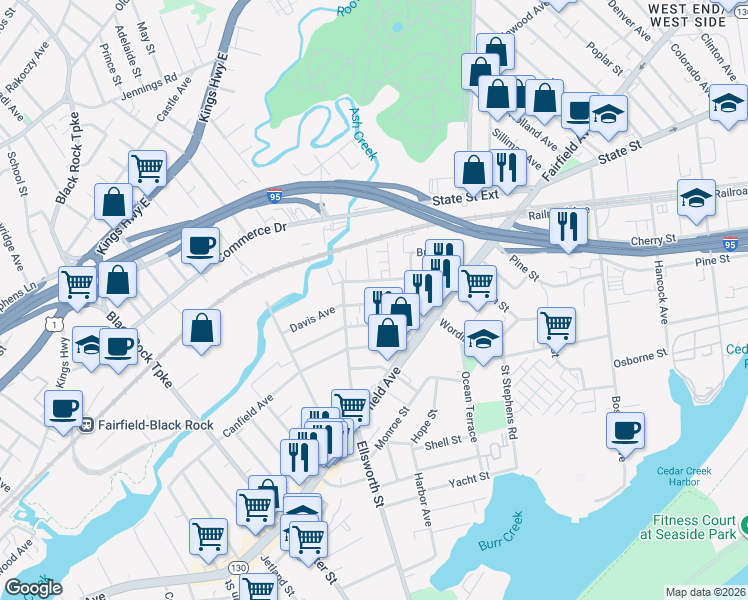 map of restaurants, bars, coffee shops, grocery stores, and more near 139 Whittier Street in Bridgeport