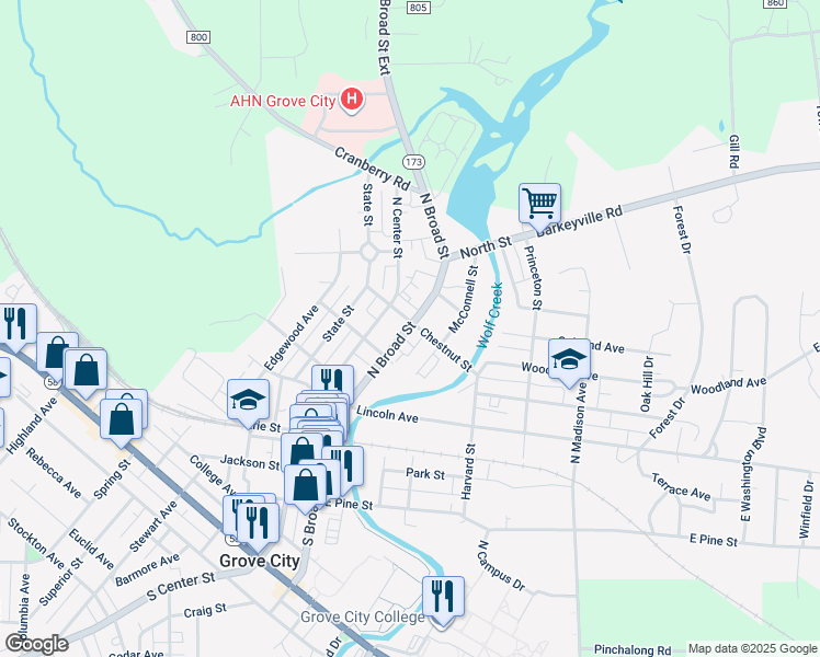 map of restaurants, bars, coffee shops, grocery stores, and more near 309 North Broad Street in Grove City
