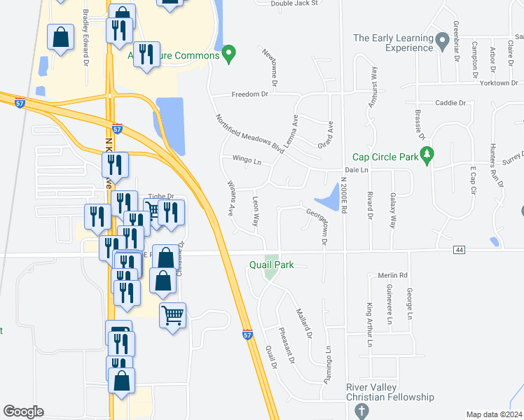 map of restaurants, bars, coffee shops, grocery stores, and more near 1337 Potomac Place in Bourbonnais