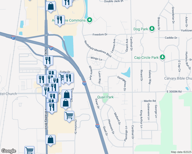 map of restaurants, bars, coffee shops, grocery stores, and more near 1227 Leon Way in Bourbonnais