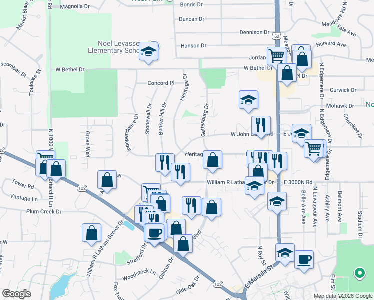 map of restaurants, bars, coffee shops, grocery stores, and more near 420 West John Casey Road in Bourbonnais