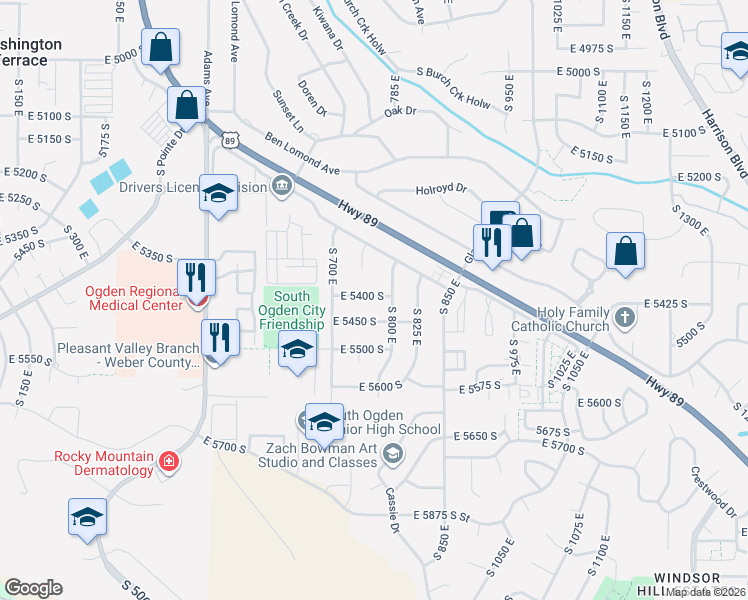 map of restaurants, bars, coffee shops, grocery stores, and more near 765 East 5400 South in Ogden