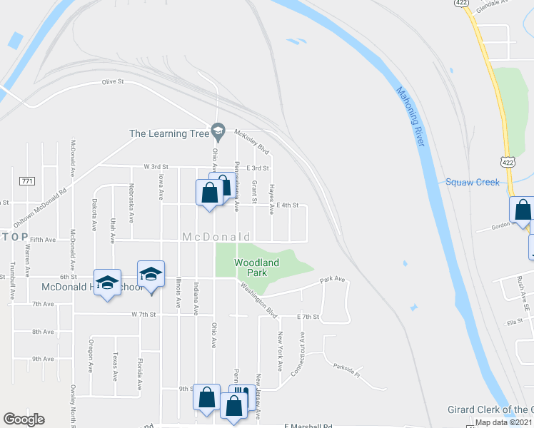 map of restaurants, bars, coffee shops, grocery stores, and more near 410 Hayes Avenue in McDonald