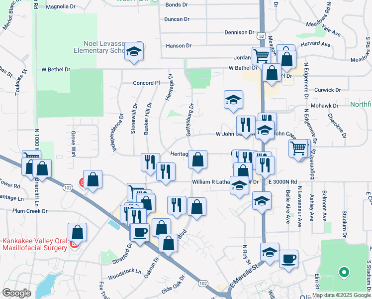 map of restaurants, bars, coffee shops, grocery stores, and more near 347 Heritage Drive in Bourbonnais