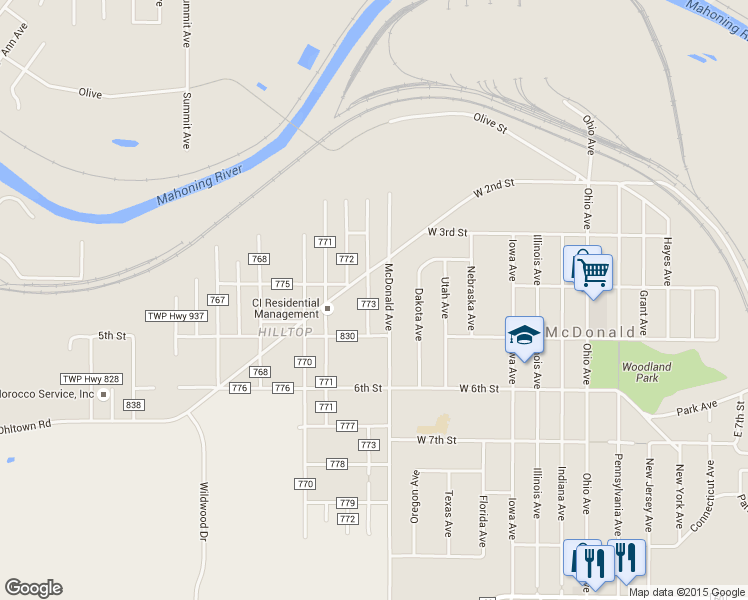 map of restaurants, bars, coffee shops, grocery stores, and more near 2899 Youngstown Avenue in McDonald