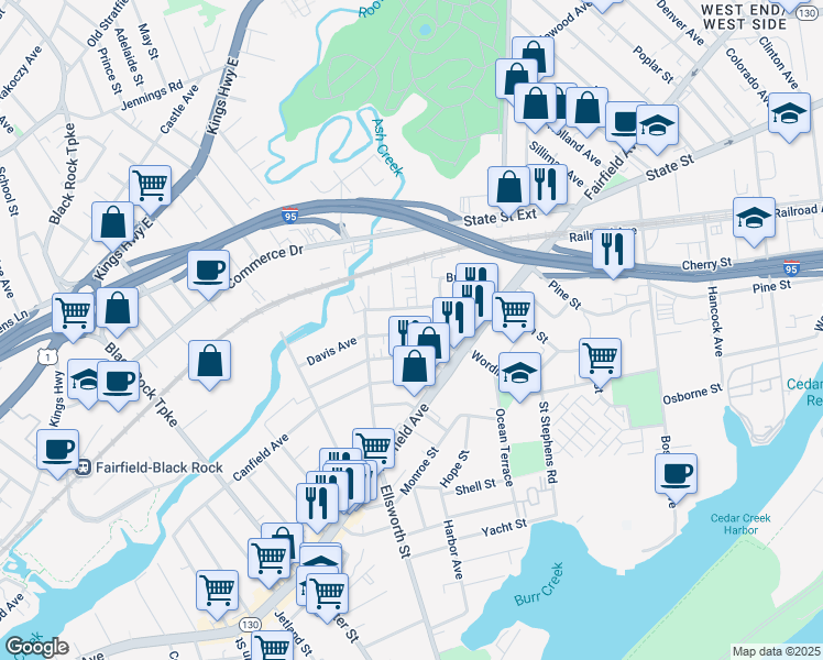 map of restaurants, bars, coffee shops, grocery stores, and more near 86 Whittier Street in Bridgeport