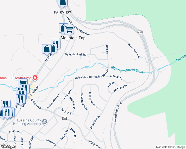 map of restaurants, bars, coffee shops, grocery stores, and more near 72 Valley View Drive in Mountain Top