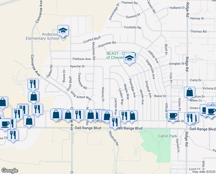 map of restaurants, bars, coffee shops, grocery stores, and more near 5031 Windmill Road in Cheyenne