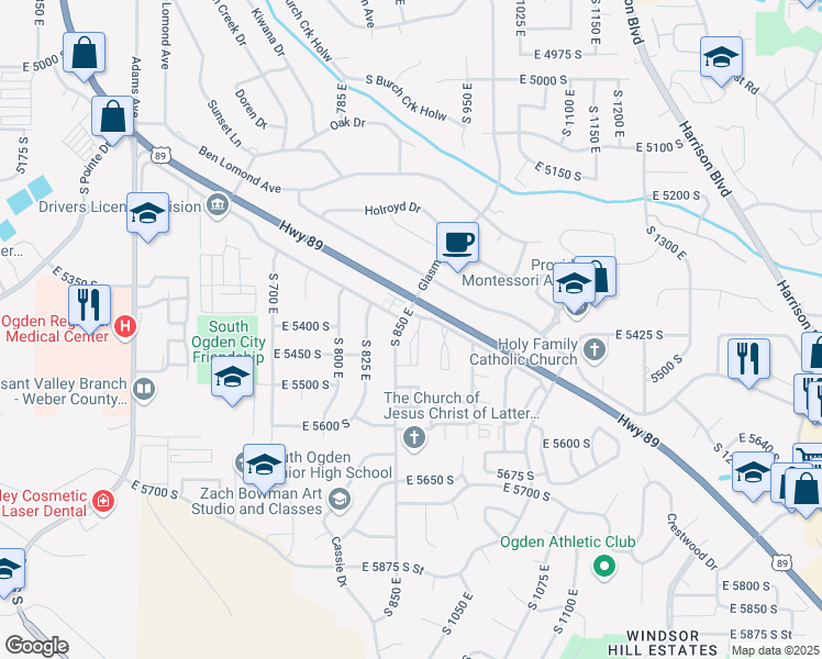 map of restaurants, bars, coffee shops, grocery stores, and more near 5430 South 850 East in Ogden