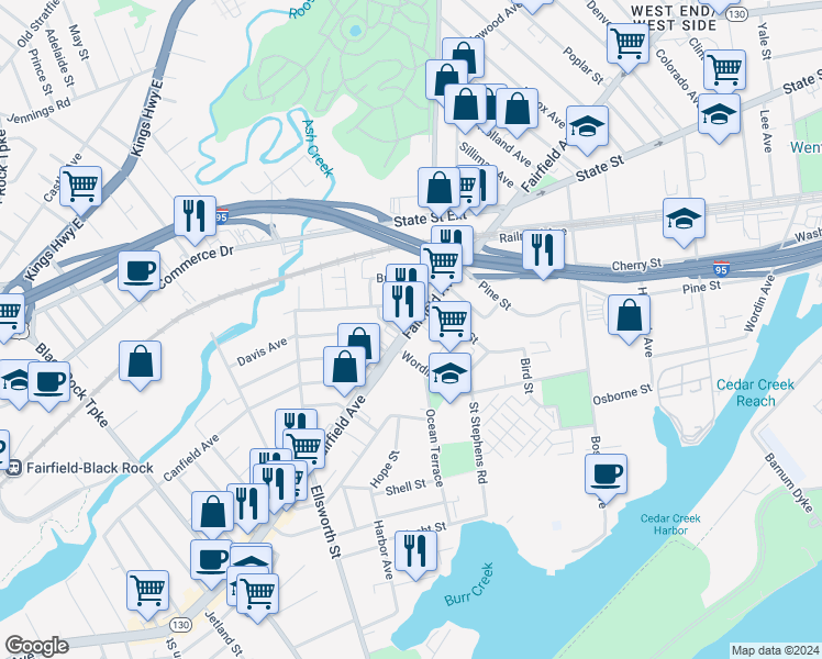 map of restaurants, bars, coffee shops, grocery stores, and more near 2161 Fairfield Avenue in Bridgeport