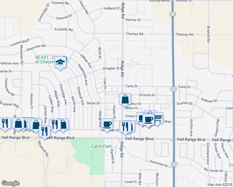 map of restaurants, bars, coffee shops, grocery stores, and more near 3315 Dean Paul Drive in Cheyenne