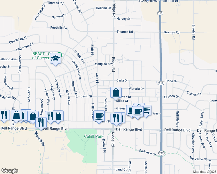 map of restaurants, bars, coffee shops, grocery stores, and more near 3315 Dean Paul Dr in Cheyenne