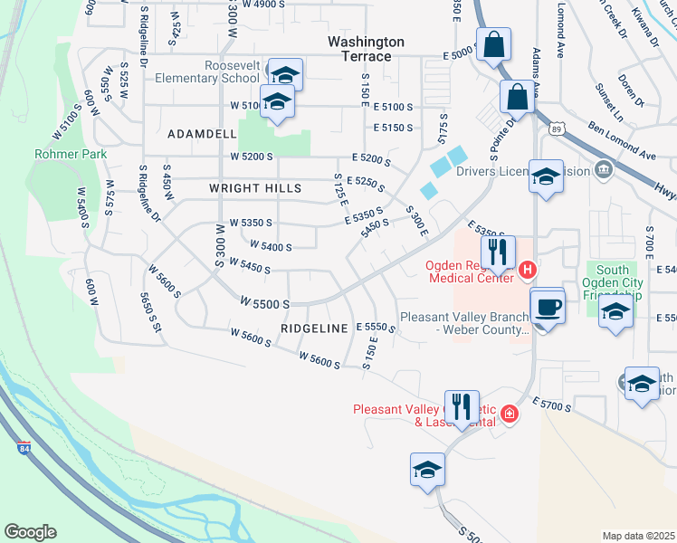 map of restaurants, bars, coffee shops, grocery stores, and more near 5472 South 100 East in Ogden