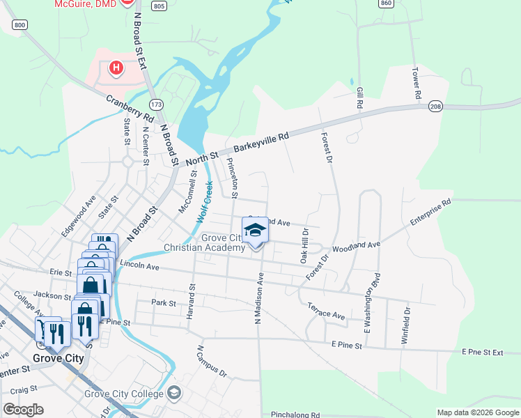 map of restaurants, bars, coffee shops, grocery stores, and more near 501 Oakland Avenue in Grove City