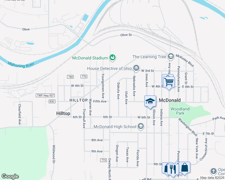 map of restaurants, bars, coffee shops, grocery stores, and more near 2899 Youngstown Avenue in McDonald