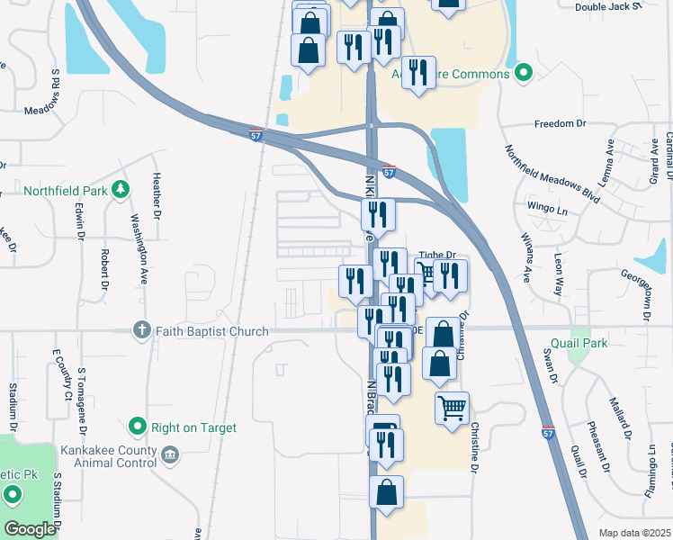map of restaurants, bars, coffee shops, grocery stores, and more near 1325 North Arthur Burch Drive in Bourbonnais