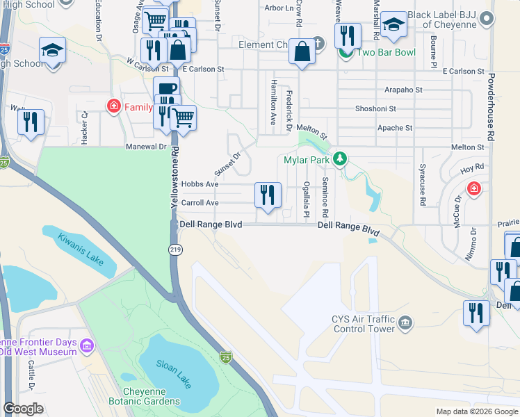 map of restaurants, bars, coffee shops, grocery stores, and more near 314 Dell Range Boulevard in Cheyenne