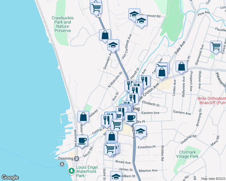 map of restaurants, bars, coffee shops, grocery stores, and more near 32 North Malcolm Street in Ossining