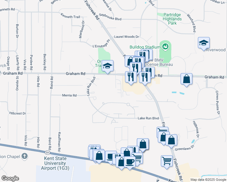 map of restaurants, bars, coffee shops, grocery stores, and more near 3988 Villas Drive in Stow