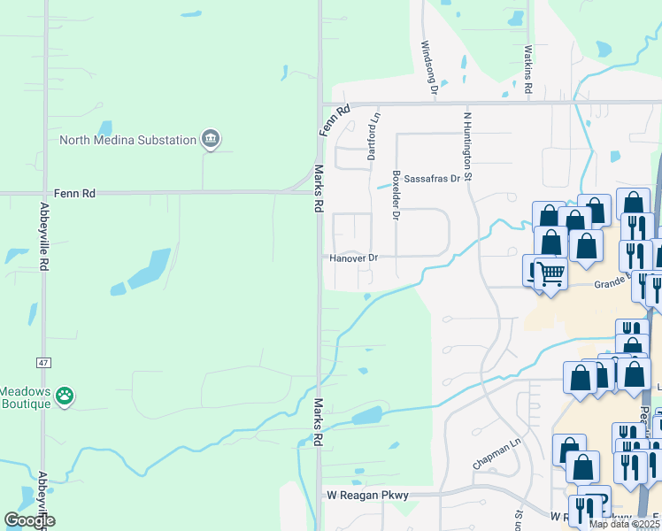 map of restaurants, bars, coffee shops, grocery stores, and more near 4015 Marks Road in Medina
