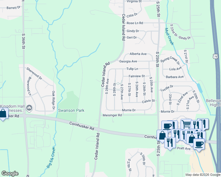 map of restaurants, bars, coffee shops, grocery stores, and more near 9601 South 28th Avenue in Bellevue