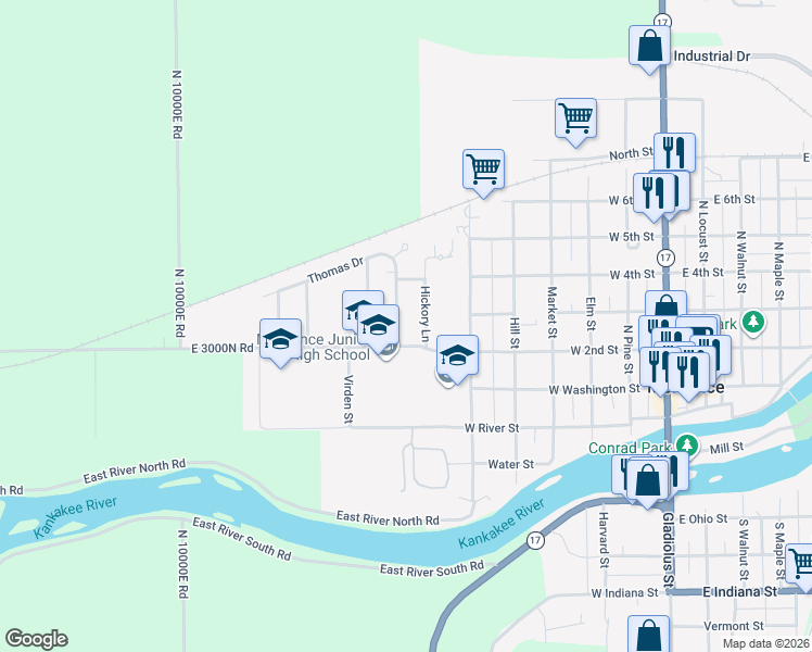 map of restaurants, bars, coffee shops, grocery stores, and more near 802 West 2nd Street in Momence