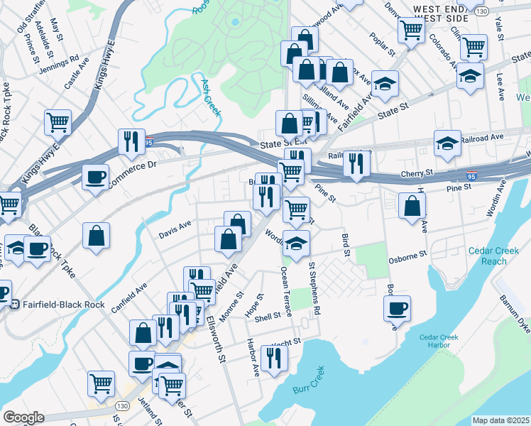 map of restaurants, bars, coffee shops, grocery stores, and more near 2201 Fairfield Avenue in Bridgeport
