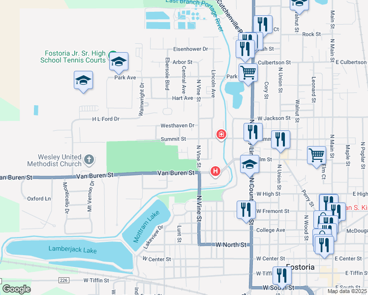map of restaurants, bars, coffee shops, grocery stores, and more near 603 Alma Drive in Fostoria