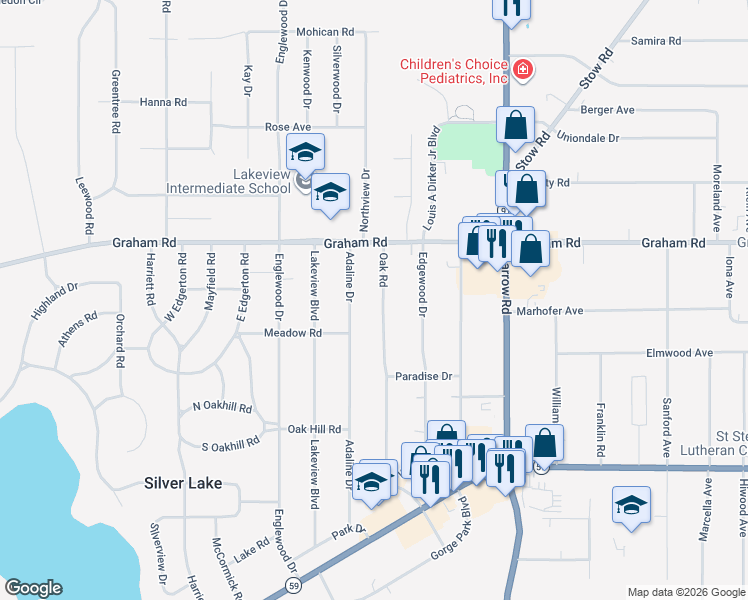 map of restaurants, bars, coffee shops, grocery stores, and more near 3599 Oak Road in Stow