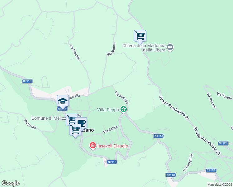map of restaurants, bars, coffee shops, grocery stores, and more near Strada Provinciale 21 in Melizzano