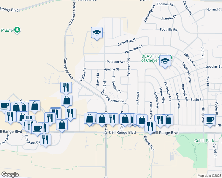 map of restaurants, bars, coffee shops, grocery stores, and more near 5061 Timberline Road in Cheyenne