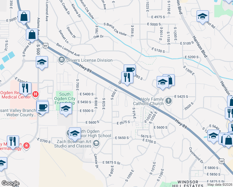 map of restaurants, bars, coffee shops, grocery stores, and more near 5439 South 850 East in Ogden