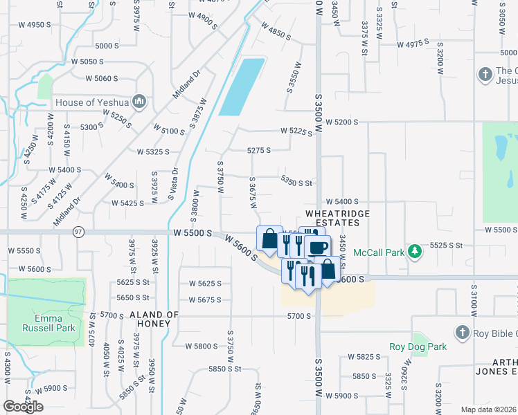 map of restaurants, bars, coffee shops, grocery stores, and more near 3637 5450 South Street in Roy