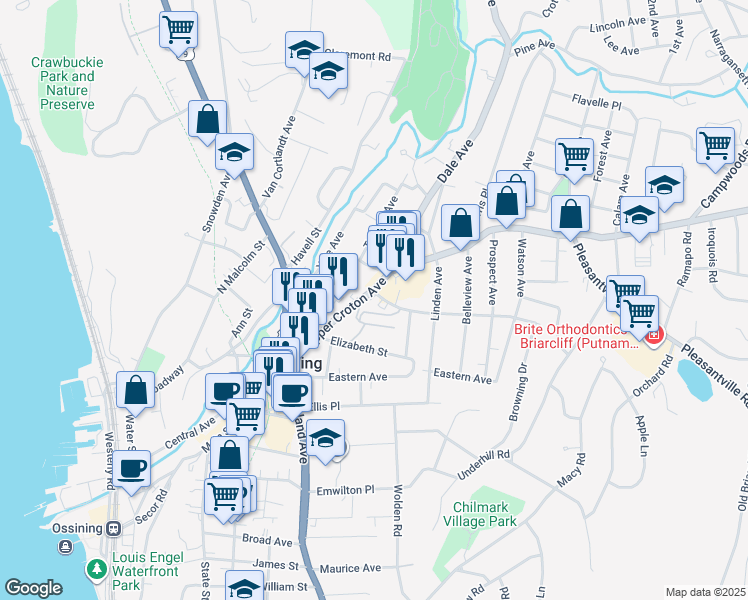 map of restaurants, bars, coffee shops, grocery stores, and more near 68 Croton Avenue in Ossining