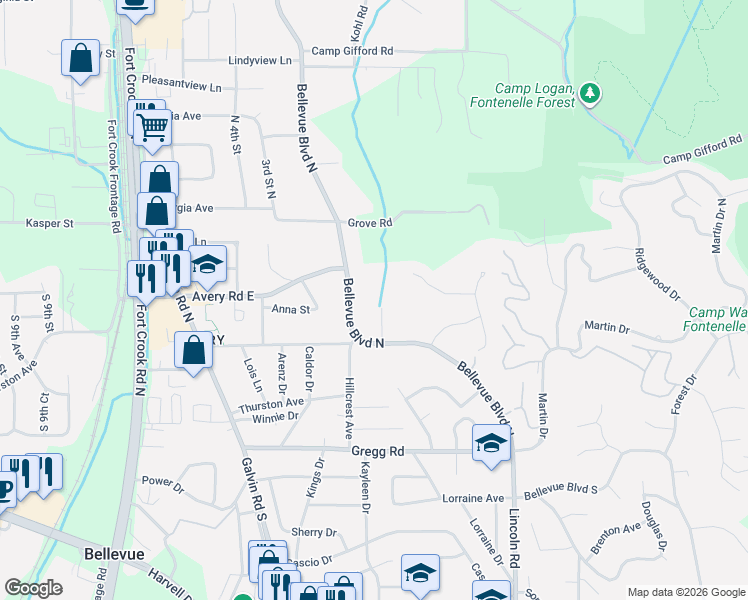 map of restaurants, bars, coffee shops, grocery stores, and more near 307 Kohl Road in Bellevue