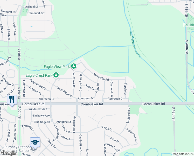 map of restaurants, bars, coffee shops, grocery stores, and more near 2314 Park Crest Drive in Papillion