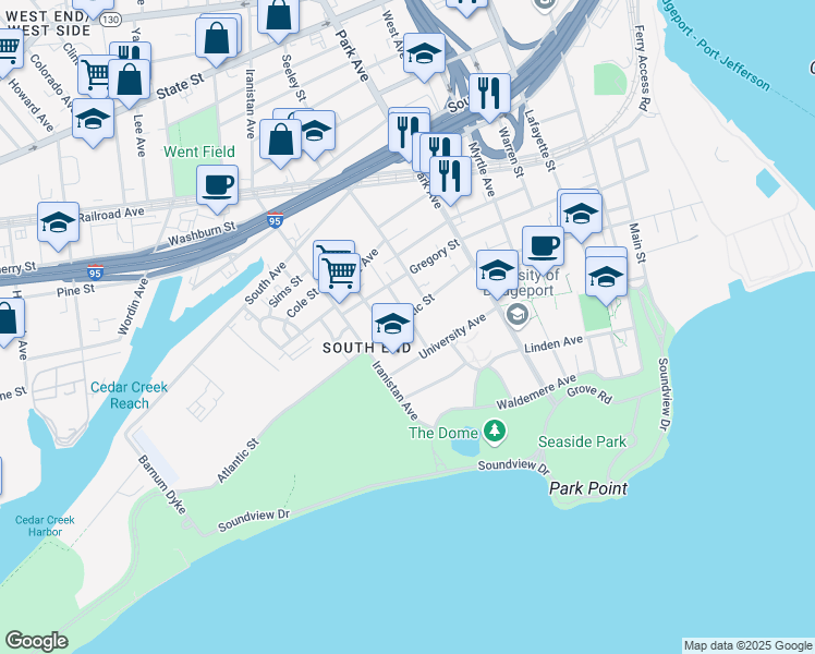 map of restaurants, bars, coffee shops, grocery stores, and more near 59 Rennell Street in Bridgeport