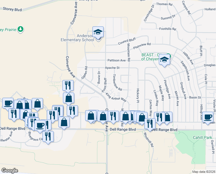 map of restaurants, bars, coffee shops, grocery stores, and more near 199 Clover Court in Cheyenne