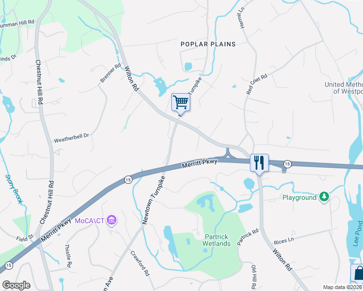 map of restaurants, bars, coffee shops, grocery stores, and more near 72 Newtown Turnpike in Westport